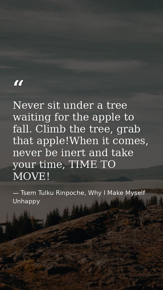 Never sit under a tree waiting for the apple to fall. Climb the tree, grab that apple!When it comes, never be inert and  — Tsem Tulku Rinpoche, Why I Make Myself Unhappy