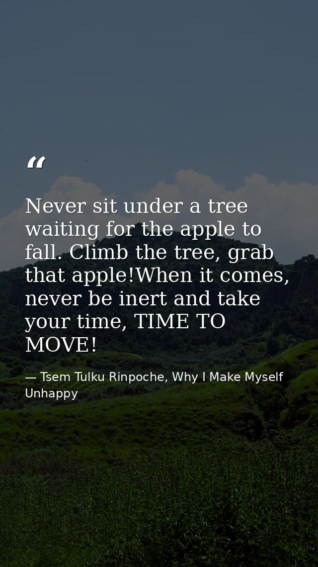 Never sit under a tree waiting for the apple to fall. Climb the tree, grab that apple!When it comes, never be inert and  — Tsem Tulku Rinpoche, Why I Make Myself Unhappy