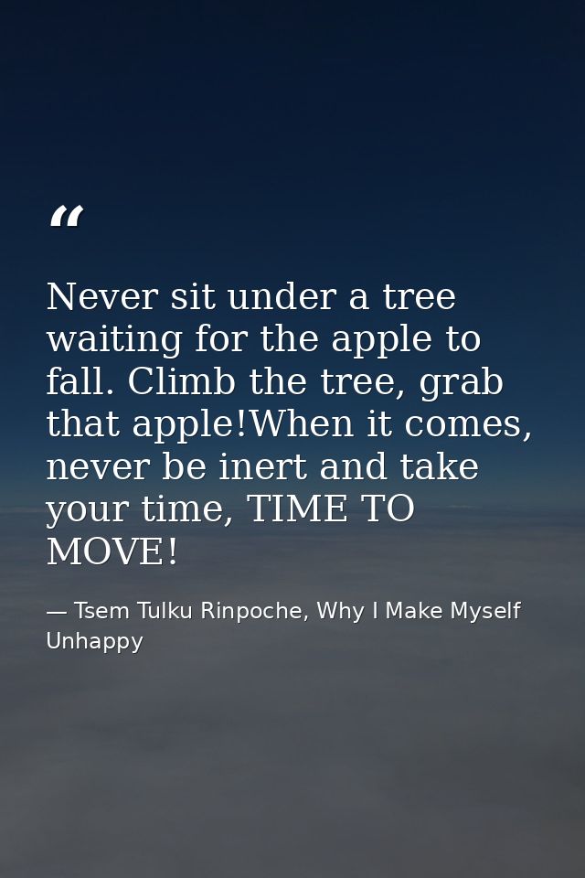 Never sit under a tree waiting for the apple to fall. Climb the tree, grab that apple!When it comes, never be inert and  — Tsem Tulku Rinpoche, Why I Make Myself Unhappy