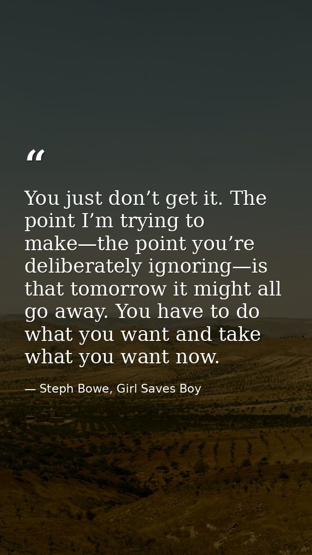 You just don’t get it. The point I’m trying to make—the point you’re deliberately ignoring—is that tomorrow it might all — Steph Bowe, Girl Saves Boy