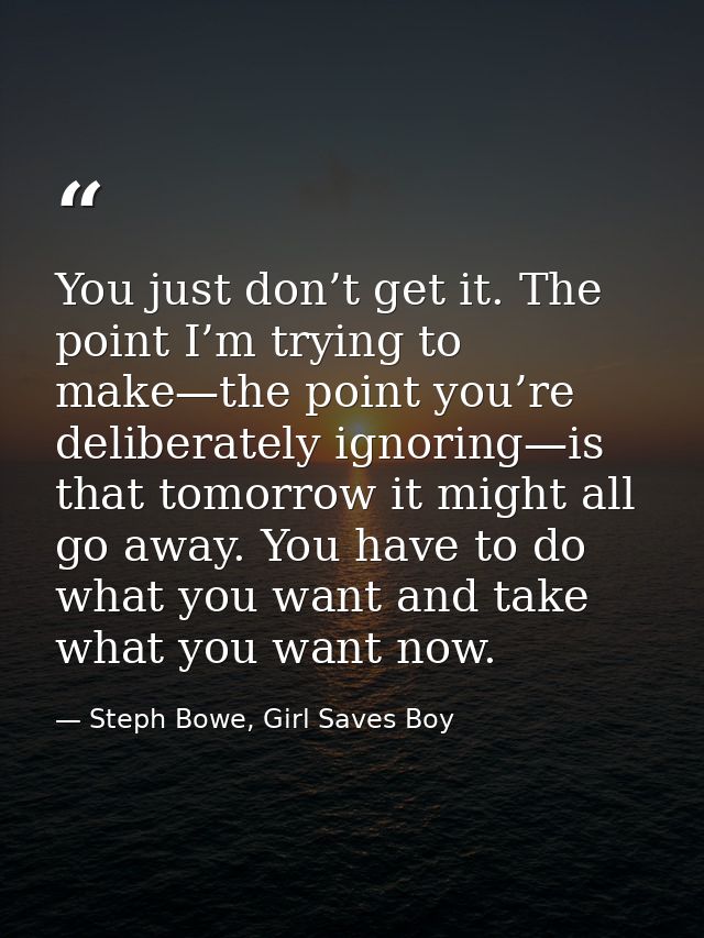 You just don’t get it. The point I’m trying to make—the point you’re deliberately ignoring—is that tomorrow it might all — Steph Bowe, Girl Saves Boy