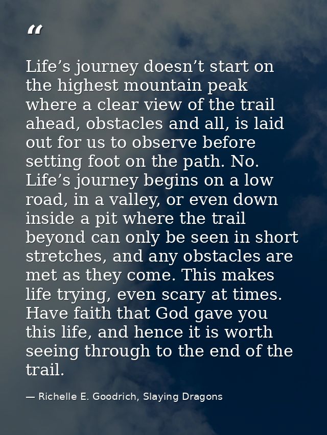 Life’s journey doesn’t start on the highest mountain peak where a clear view of the trail ahead, obstacles and all, is l — Richelle E. Goodrich, Slaying Dragons