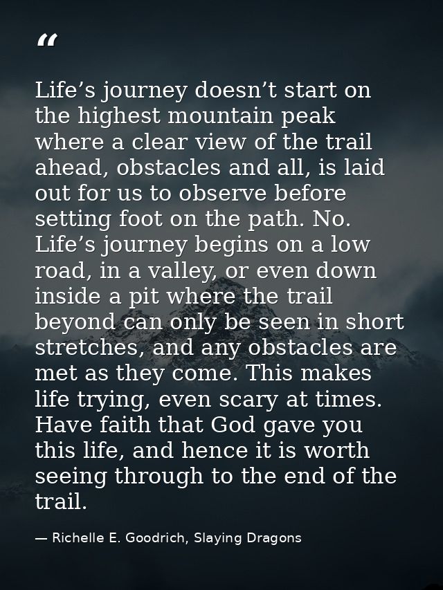 Life’s journey doesn’t start on the highest mountain peak where a clear view of the trail ahead, obstacles and all, is l — Richelle E. Goodrich, Slaying Dragons