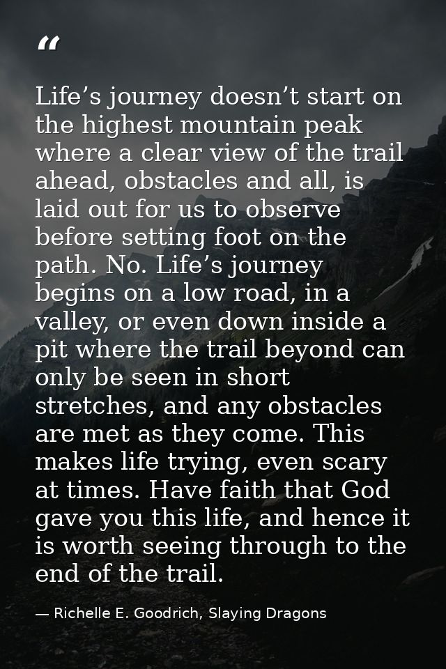 Life’s journey doesn’t start on the highest mountain peak where a clear view of the trail ahead, obstacles and all, is l — Richelle E. Goodrich, Slaying Dragons