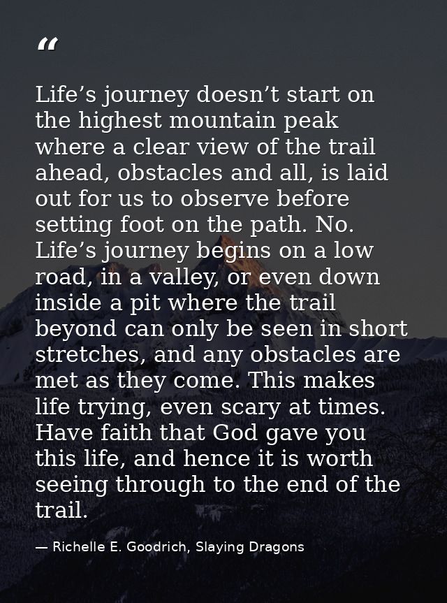 Life’s journey doesn’t start on the highest mountain peak where a clear view of the trail ahead, obstacles and all, is l — Richelle E. Goodrich, Slaying Dragons