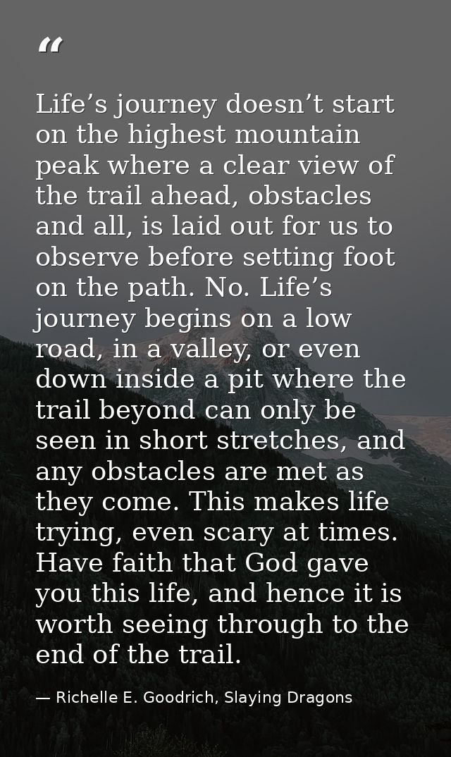 Life’s journey doesn’t start on the highest mountain peak where a clear view of the trail ahead, obstacles and all, is l — Richelle E. Goodrich, Slaying Dragons