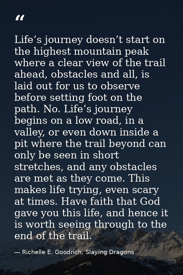 Life’s journey doesn’t start on the highest mountain peak where a clear view of the trail ahead, obstacles and all, is l — Richelle E. Goodrich, Slaying Dragons