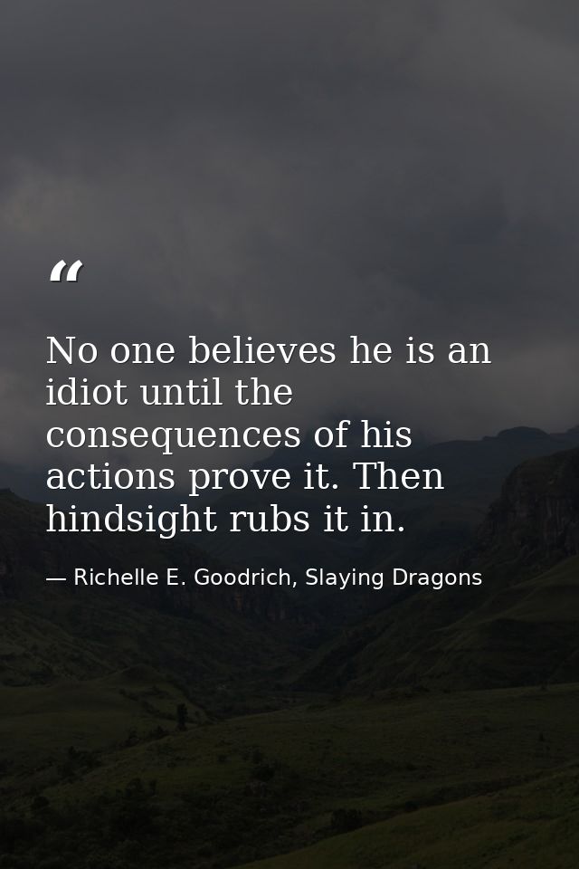 No one believes he is an idiot until the consequences of his actions prove it. Then hindsight rubs it in. — Richelle E. Goodrich, Slaying Dragons