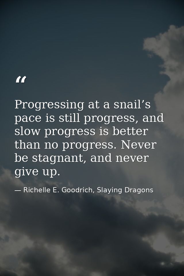 Progressing at a snail’s pace is still progress, and slow progress is better than no progress. Never be stagnant, and ne — Richelle E. Goodrich, Slaying Dragons