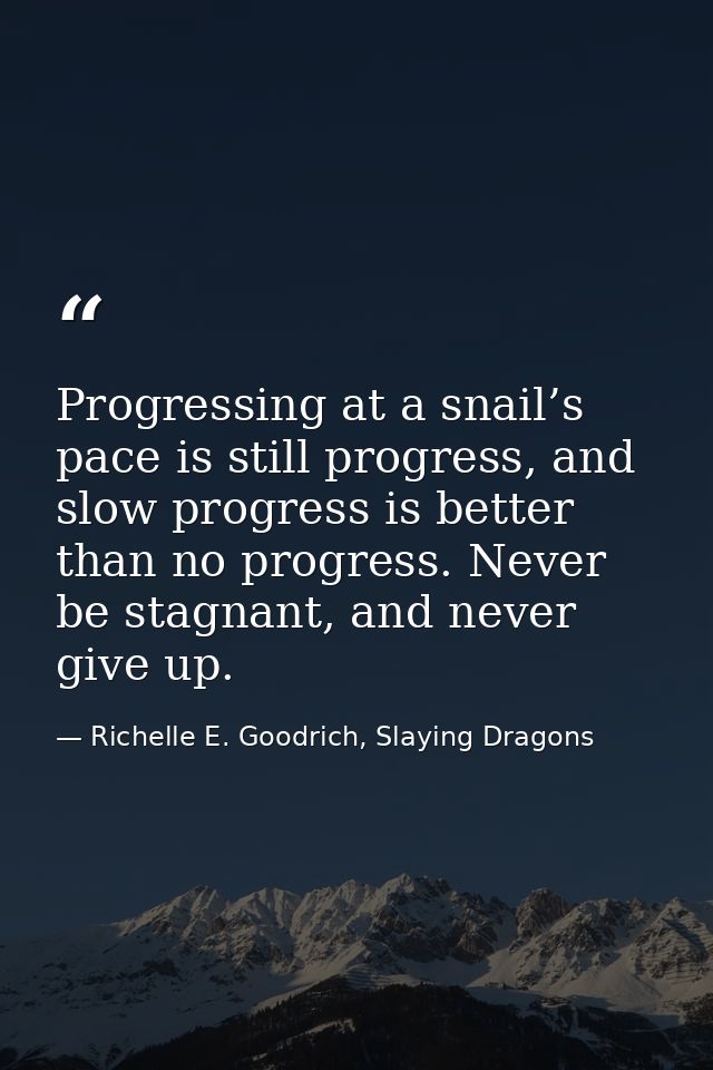 Progressing at a snail’s pace is still progress, and slow progress is better than no progress. Never be stagnant, and ne — Richelle E. Goodrich, Slaying Dragons