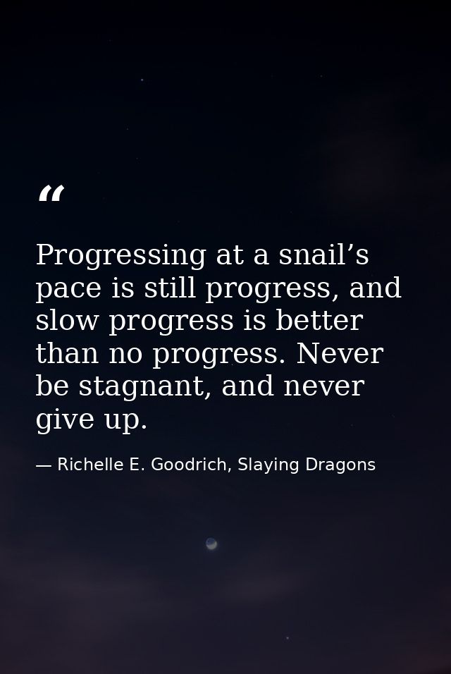 Progressing at a snail’s pace is still progress, and slow progress is better than no progress. Never be stagnant, and ne — Richelle E. Goodrich, Slaying Dragons