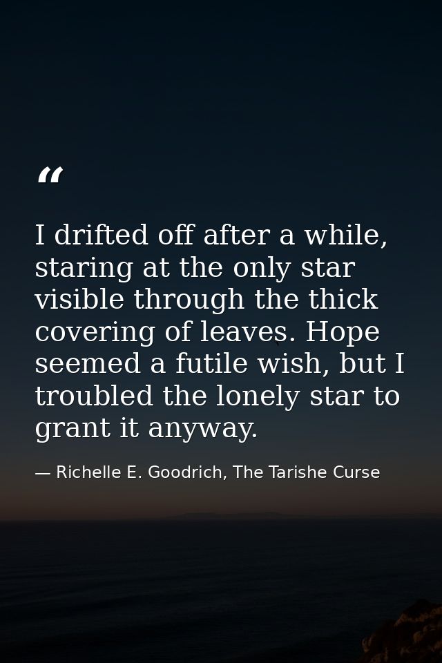 I drifted off after a while, staring at the only star visible through the thick covering of leaves. Hope seemed a futile — Richelle E. Goodrich, The Tarishe Curse