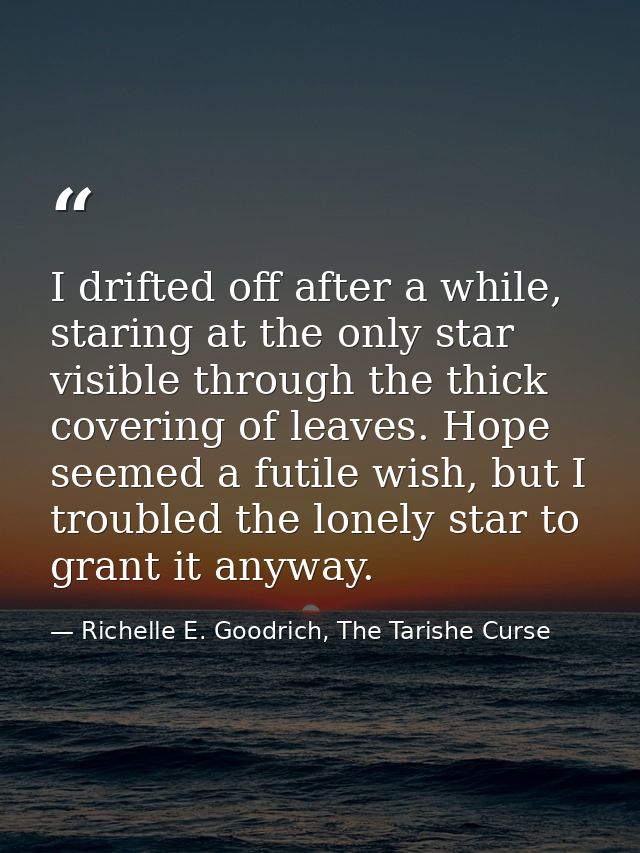 I drifted off after a while, staring at the only star visible through the thick covering of leaves. Hope seemed a futile — Richelle E. Goodrich, The Tarishe Curse