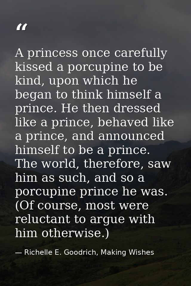 A princess once carefully kissed a porcupine to be kind, upon which he began to think himself a prince. He then dressed  — Richelle E. Goodrich, Making Wishes