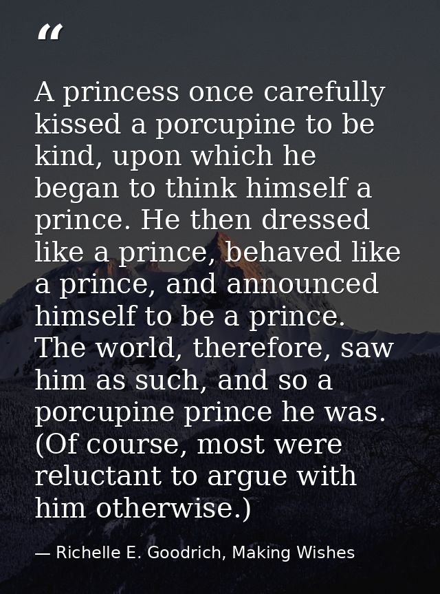 A princess once carefully kissed a porcupine to be kind, upon which he began to think himself a prince. He then dressed  — Richelle E. Goodrich, Making Wishes
