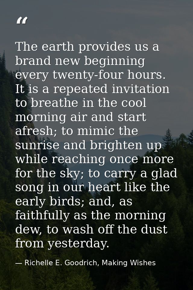 The earth provides us a brand new beginning every twenty-four hours. It is a repeated invitation to breathe in the cool  — Richelle E. Goodrich, Making Wishes