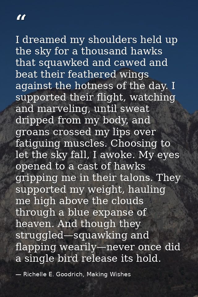 I dreamed my shoulders held up the sky for a thousand hawks that squawked and cawed and beat their feathered wings again — Richelle E. Goodrich, Making Wishes