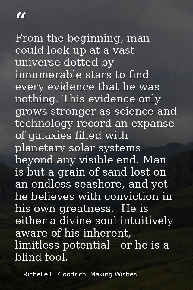 From the beginning, man could look up at a vast universe dotted by innumerable stars to find every evidence that he was  — Richelle E. Goodrich, Making Wishes
