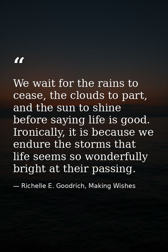We wait for the rains to cease, the clouds to part, and the sun to shine before saying life is good. Ironically, it is b — Richelle E. Goodrich, Making Wishes