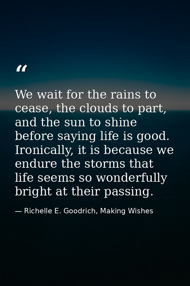 We wait for the rains to cease, the clouds to part, and the sun to shine before saying life is good. Ironically, it is b — Richelle E. Goodrich, Making Wishes