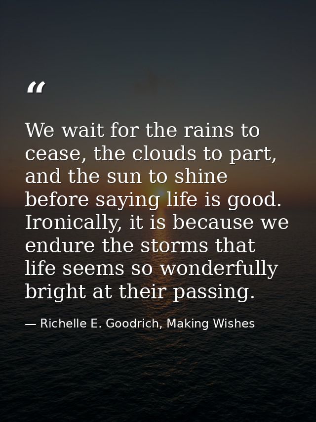 We wait for the rains to cease, the clouds to part, and the sun to shine before saying life is good. Ironically, it is b — Richelle E. Goodrich, Making Wishes