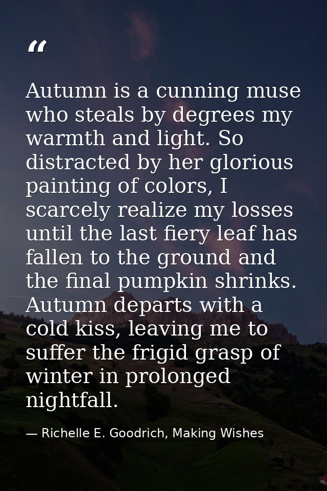 Autumn is a cunning muse who steals by degrees my warmth and light. So distracted by her glorious painting of colors, I  — Richelle E. Goodrich, Making Wishes