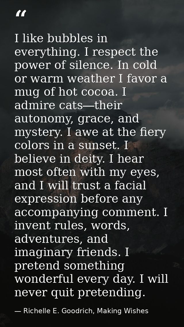 I like bubbles in everything. I respect the power of silence. In cold or warm weather I favor a mug of hot cocoa. I admi — Richelle E. Goodrich, Making Wishes