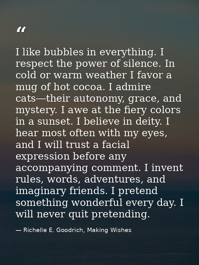 I like bubbles in everything. I respect the power of silence. In cold or warm weather I favor a mug of hot cocoa. I admi — Richelle E. Goodrich, Making Wishes