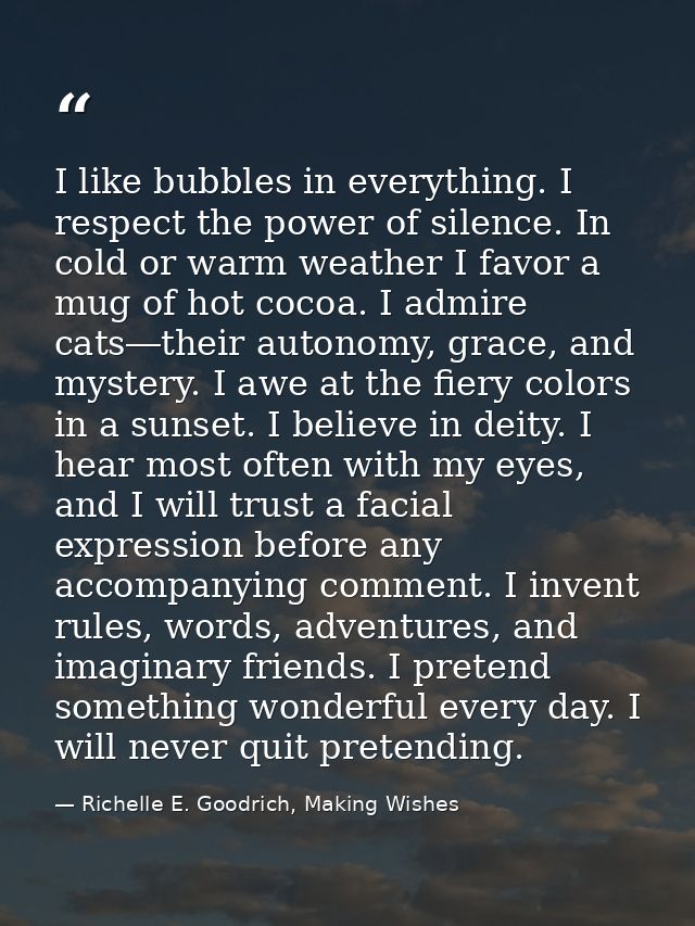 I like bubbles in everything. I respect the power of silence. In cold or warm weather I favor a mug of hot cocoa. I admi — Richelle E. Goodrich, Making Wishes