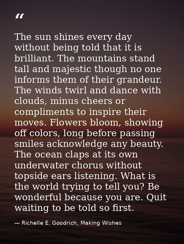 The sun shines every day without being told that it is brilliant. The mountains stand tall and majestic though no one in — Richelle E. Goodrich, Making Wishes