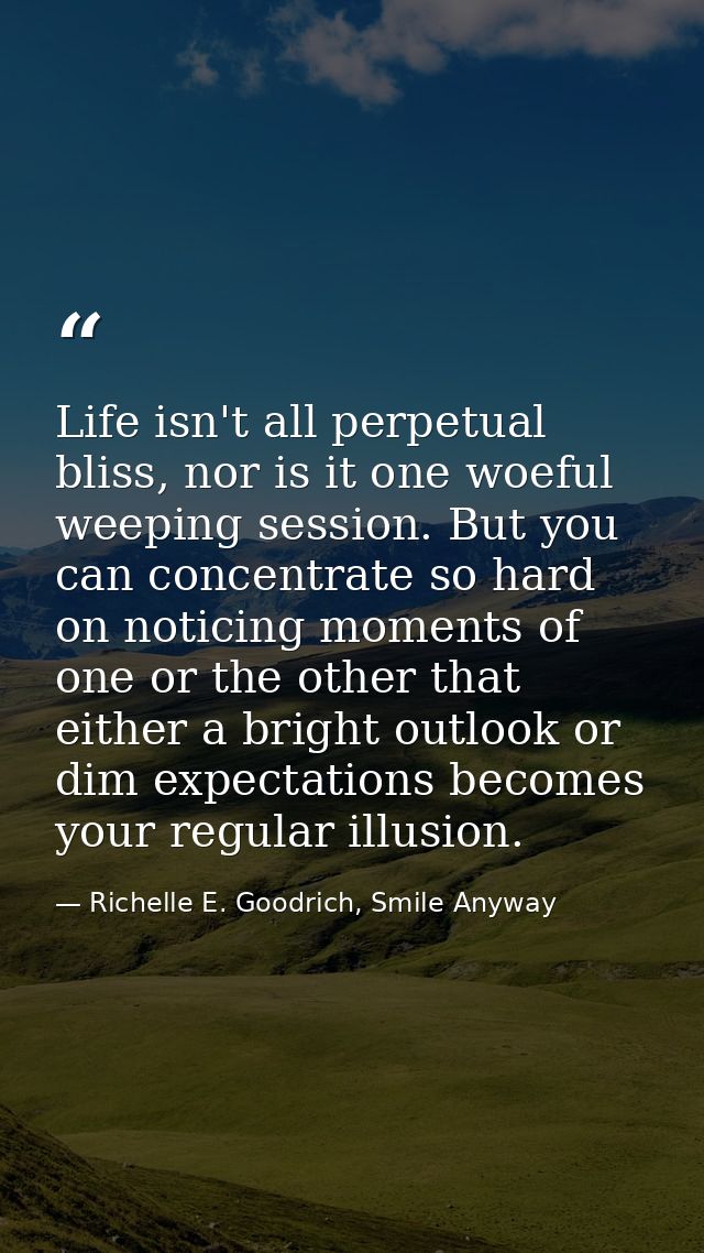 Life isn't all perpetual bliss, nor is it one woeful weeping session. But you can concentrate so hard on noticing moment — Richelle E. Goodrich, Smile Anyway