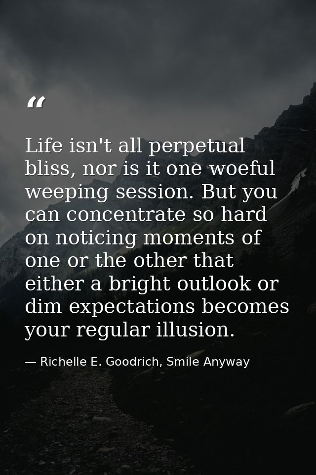 Life isn't all perpetual bliss, nor is it one woeful weeping session. But you can concentrate so hard on noticing moment — Richelle E. Goodrich, Smile Anyway