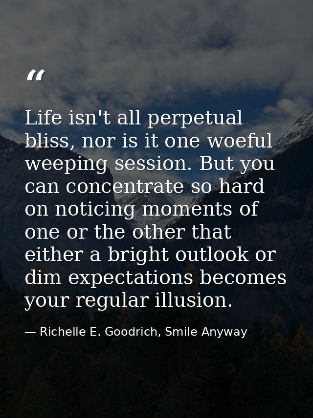 Life isn't all perpetual bliss, nor is it one woeful weeping session. But you can concentrate so hard on noticing moment — Richelle E. Goodrich, Smile Anyway