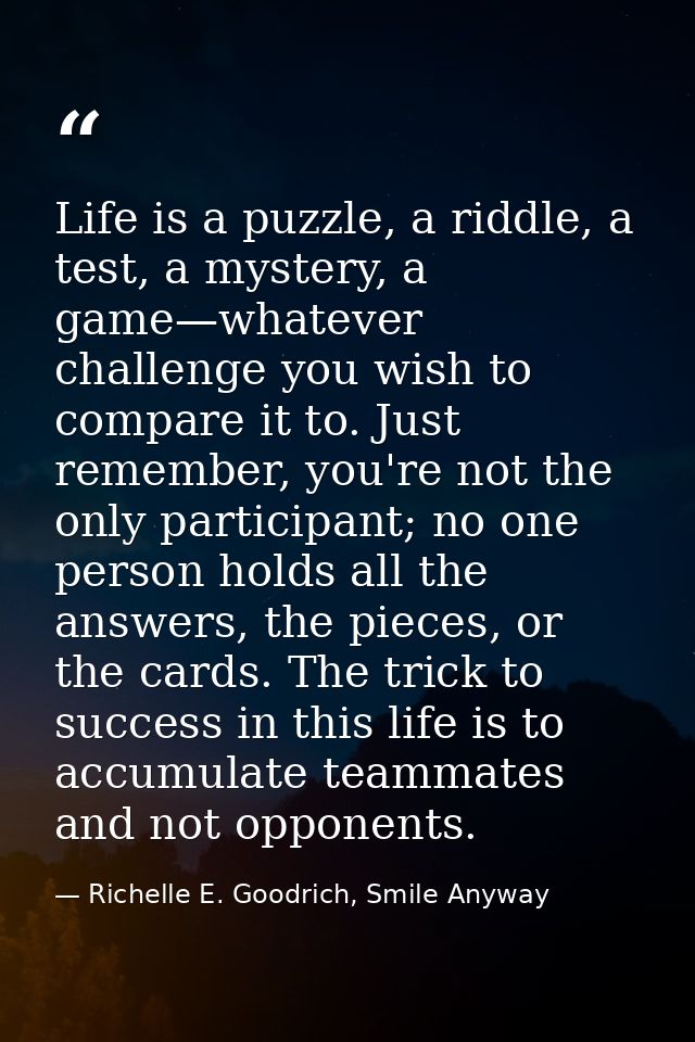 Life is a puzzle, a riddle, a test, a mystery, a game—whatever challenge you wish to compare it to. Just remember, you'r — Richelle E. Goodrich, Smile Anyway