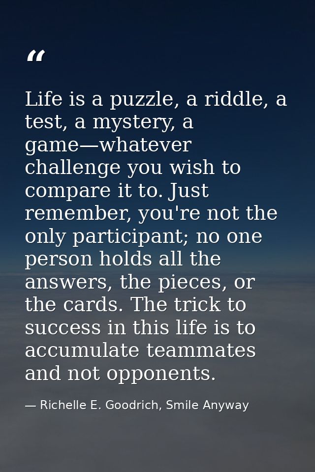 Life is a puzzle, a riddle, a test, a mystery, a game—whatever challenge you wish to compare it to. Just remember, you'r — Richelle E. Goodrich, Smile Anyway