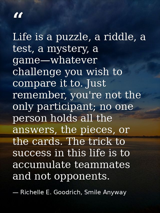 Life is a puzzle, a riddle, a test, a mystery, a game—whatever challenge you wish to compare it to. Just remember, you'r — Richelle E. Goodrich, Smile Anyway