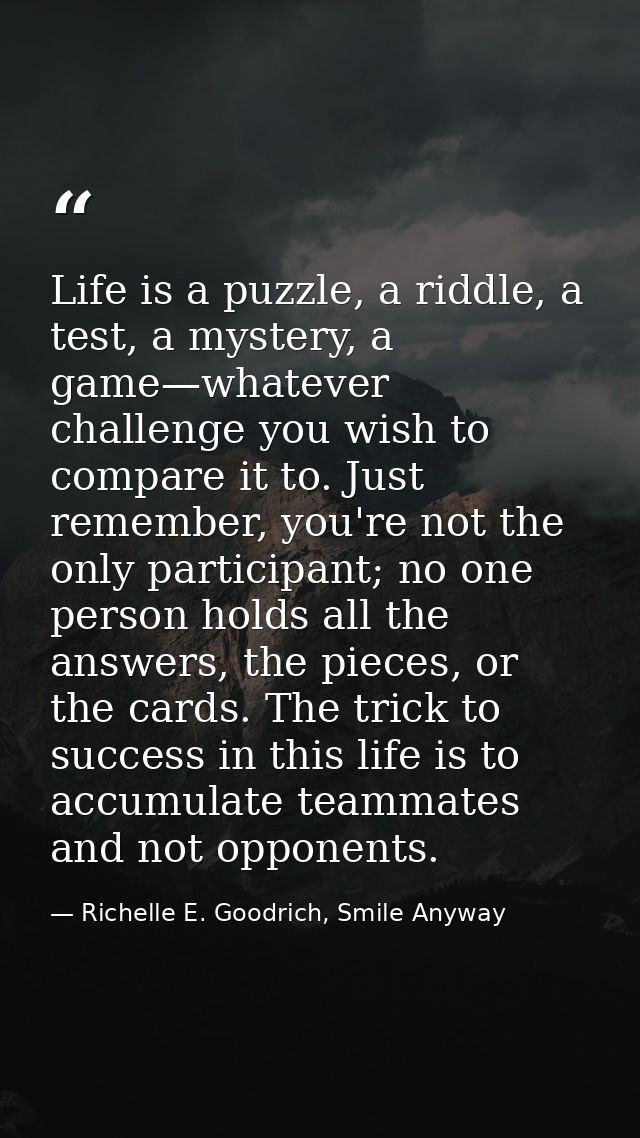 Life is a puzzle, a riddle, a test, a mystery, a game—whatever challenge you wish to compare it to. Just remember, you'r — Richelle E. Goodrich, Smile Anyway