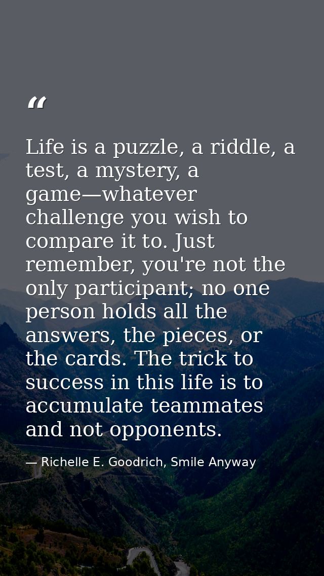 Life is a puzzle, a riddle, a test, a mystery, a game—whatever challenge you wish to compare it to. Just remember, you'r — Richelle E. Goodrich, Smile Anyway