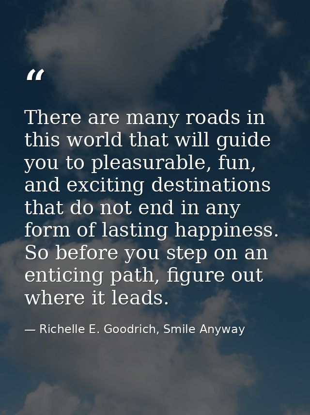 There are many roads in this world that will guide you to pleasurable, fun, and exciting destinations that do not end in — Richelle E. Goodrich, Smile Anyway