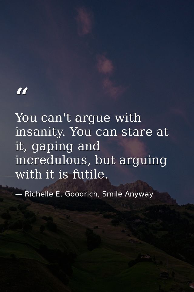 You can't argue with insanity. You can stare at it, gaping and incredulous, but arguing with it is futile. — Richelle E. Goodrich, Smile Anyway
