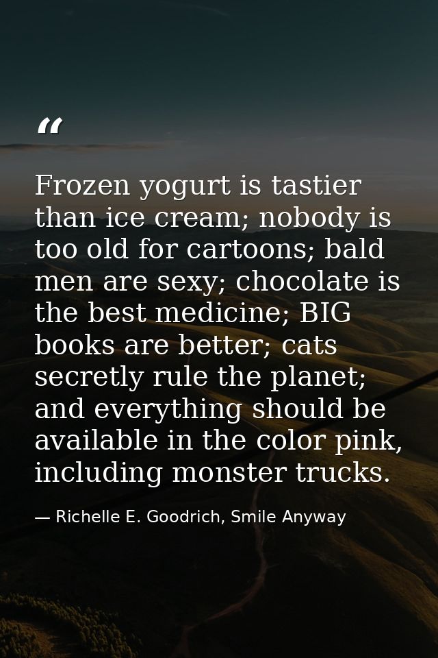 Frozen yogurt is tastier than ice cream; nobody is too old for cartoons; bald men are sexy; chocolate is the best medici — Richelle E. Goodrich, Smile Anyway