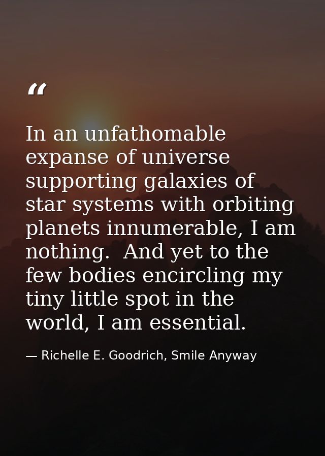 In an unfathomable expanse of universe supporting galaxies of star systems with orbiting planets innumerable, I am nothi — Richelle E. Goodrich, Smile Anyway
