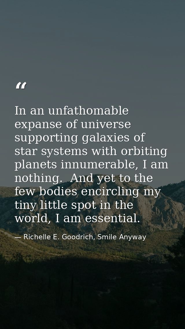 In an unfathomable expanse of universe supporting galaxies of star systems with orbiting planets innumerable, I am nothi — Richelle E. Goodrich, Smile Anyway