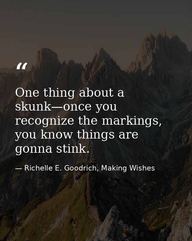 One thing about a skunk—once you recognize the markings, you know things are gonna stink. — Richelle E. Goodrich, Making Wishes