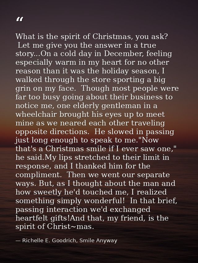 What is the spirit of Christmas, you ask?  Let me give you the answer in a true story...On a cold day in December, feeli — Richelle E. Goodrich, Smile Anyway