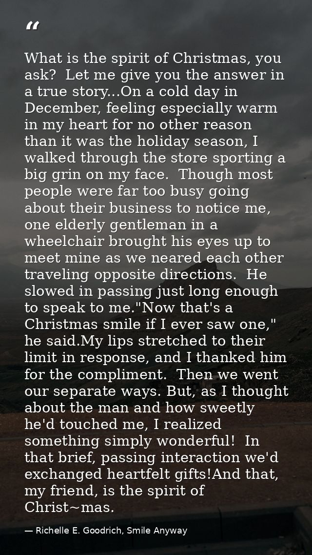 What is the spirit of Christmas, you ask?  Let me give you the answer in a true story...On a cold day in December, feeli — Richelle E. Goodrich, Smile Anyway