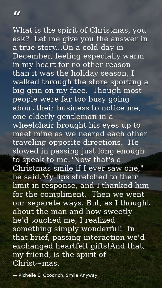 What is the spirit of Christmas, you ask?  Let me give you the answer in a true story...On a cold day in December, feeli — Richelle E. Goodrich, Smile Anyway