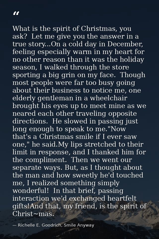 What is the spirit of Christmas, you ask?  Let me give you the answer in a true story...On a cold day in December, feeli — Richelle E. Goodrich, Smile Anyway
