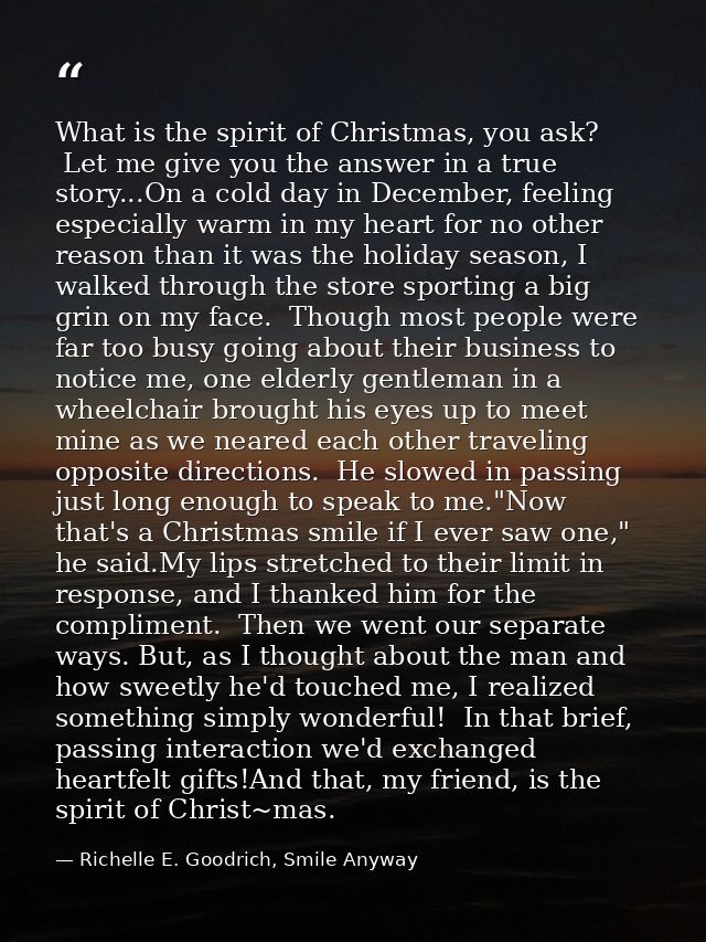 What is the spirit of Christmas, you ask?  Let me give you the answer in a true story...On a cold day in December, feeli — Richelle E. Goodrich, Smile Anyway