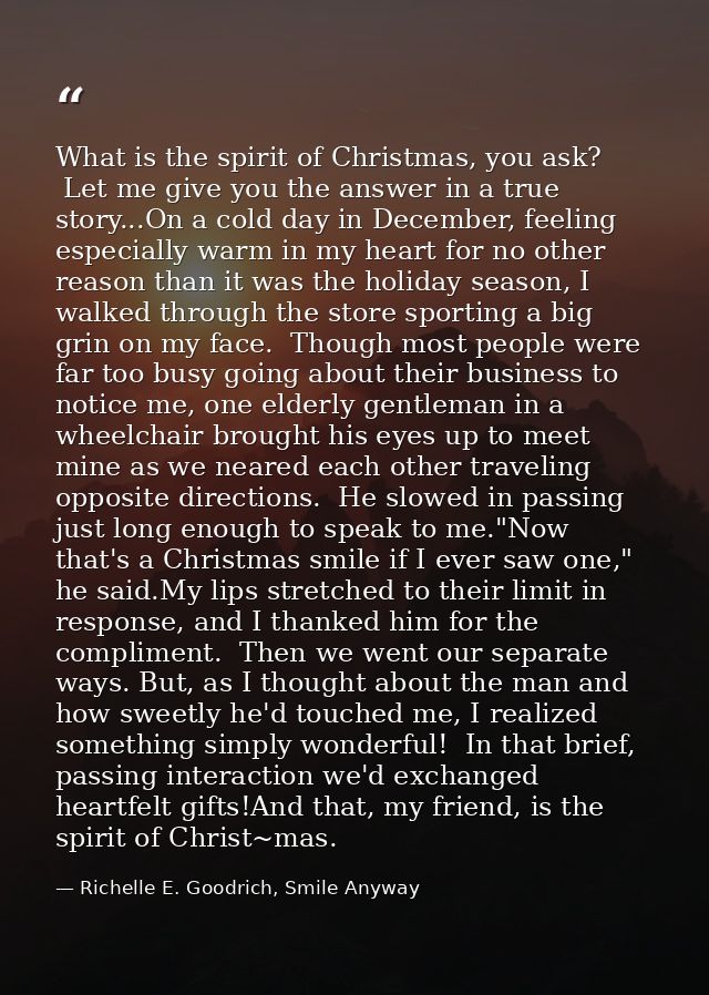 What is the spirit of Christmas, you ask?  Let me give you the answer in a true story...On a cold day in December, feeli — Richelle E. Goodrich, Smile Anyway